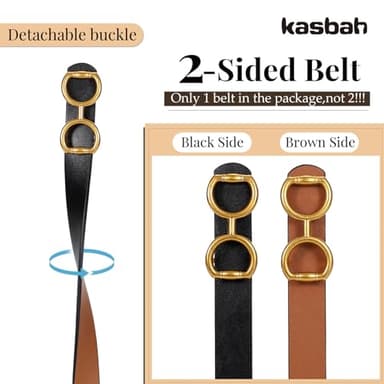 KASBAH Reversible Leather Belt for Women Two-in-One Ladies Leather Belt for Pants Jeans Dresses With Gold Buckle - Image 2