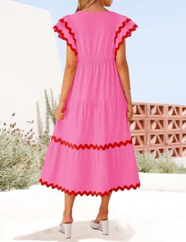 ZESICA Womens 2025 Summer Casual Midi Dresses V Neck Flutter Short Sleeve Ruffle Tiered A Line Flowy Beach Long Dress,Rose,X-Large - Image 4