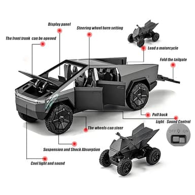 Toy Truck with Motorcycle Alloy Die Casting Model Pickup Truck Electric Vehicle Model Off - Road Wagon Toy Race Ca -Sound and Light Effect Ideal Gift Age for 6 Year Up(Grey) - Image 5