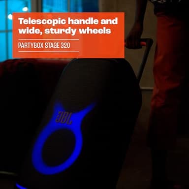 JBL PartyBox Stage 320 - Portable Party Speaker with Telescopic Handle & Wide, Sturdy Wheels, Powerful JBL Pro Sound, Futuristic lightshow, Up to 18 Hours of Play time, Splash Proof (Black) - Image 7