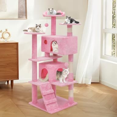 MoNiBloom 54 Inch Cat Tree Tower for Indoor Cats Large Adults, Pink Cat Tower with Scratching Post, Multi-Level Furniture Activity Center with Cat Condo Pet Play House, Soft Pink - Image 10