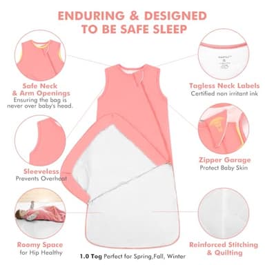 HAPIU Unisex Rayon Made from Bamboo Baby Sleep Sack TOG 1.0, 2-Way Zipper YKK, Wearable Blanket Baby, 6-18 Months,Strawberry Ice&Tulipwood - Image 4