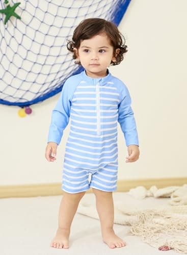 uideazone Baby Boys Swimsuit Rashguard Swimwear Blue Striped Long Sleeve One-Piece Beach Sunsuit 18-24 Months - Image 3