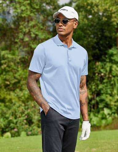 COOFANDY Mens Short Sleeve Polo Shirt Collared 100% Cotton Quick Drying Tactical Shirts Athletic Golf Shirts Light Blue - Image 3