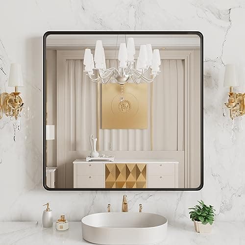 LOAAO 38x38 Inch Black Metal Framed Bathroom Mirror for Wall, Matte Black Bathroom Vanity Mirror Farmhouse, Large Rounded Rectangle Mirror, Anti-Rust, Tempered Glass, Hangs Horizontally or Vertically - Image 1
