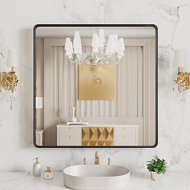 LOAAO 38x38 Inch Black Metal Framed Bathroom Mirror for Wall, Matte Black Bathroom Vanity Mirror Farmhouse, Large Rounded Rectangle Mirror, Anti-Rust, Tempered Glass, Hangs Horizontally or Vertically - Image 1