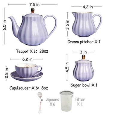 Porcelain Tea Sets British Royal Series, 8 OZ Cups& Saucer Service for 6, with Teapot Sugar Bowl Cream Pitcher Teaspoons and tea strainer for Tea/Coffee, Pukka Home(purple) - Image 3