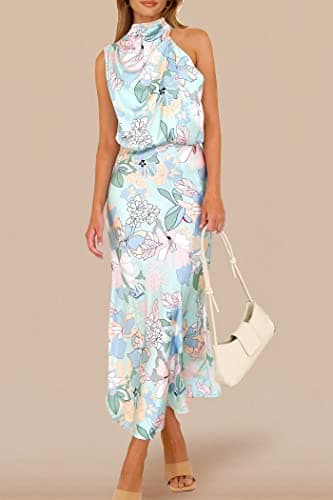 PRETTYGARDEN Women's 2025 Summer Satin Dress Elegant Sleeveless Mock Neck Cocktail Party Maxi Dresses (Print Blue,Large) - Image 6