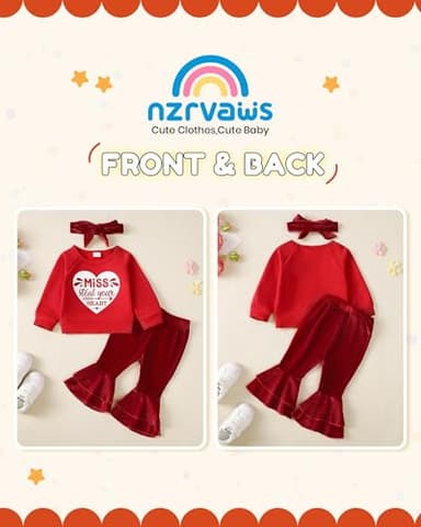 NZRVAWS 18-24 Months Toddler Baby Girl Clothes Infant Long Sleeve Letter Print Sweatshirt Bell Bottom Pant Outfit Fall Winter Red Set - Image 4