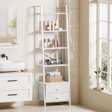 Furologee 5-Tier Ladder Shelf with 2 Drawers,Narrow Bookshelf Storage Shelves,Industrial Bookcase Freestanding Rack Units for Bedroom,Living Room,Bathroom,Home Office,Balcony,Wood Metal, White - Image 4