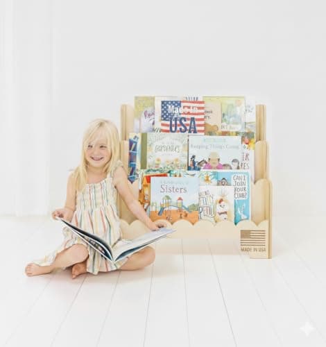 Fable Twig Wooden Kids Bookshelf w/Scalloped Edges- Made in USA- Perfect Height 3-Tier Montessori Shelf- Durable Childrens Bookcase for Kids Room or Playroom- Baby Book Shelf Nursery - Image 1
