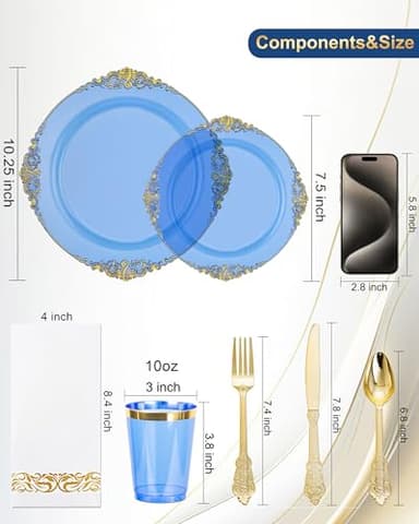 Nervure 175PCS Clear Blue Plastic Plates - Plastic Dinnerware Set Include 25Dinner Plates, 25Dessert Plates, 25Cups, 25Forks, 25Knives, 25Spoons, 25Napkins Perfect for Wedding & Party - Image 3