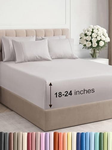 Extra Deep Cal King Sheet Set - 6 Piece Breathable and Cooling Sheets - Hotel Luxury Bed Sheets Set - Easy Fit - Soft, Wrinkle Free and Comfy Sheets Set - Light Grey Sheet Set with Extra Deep Pockets - Image 1