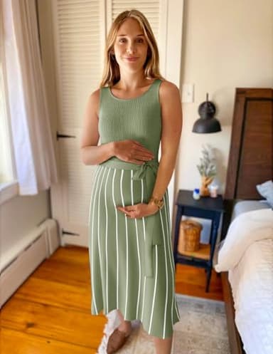 ZESICA Women's Summer Sleeveless Midi Dress 2025 Crewneck Ribbed Knit Tie Waist Casual A Line Swing Dresses,LightGreen,Medium - Image 5