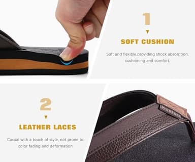 KuaiLu Men's Leather Flip Flops Arch Support Summer Beach Pool Water Thong Sandals Waterproof Rubber Walking Shoes Slip on Orthotic Casual Sport Cushioned Wide Slides Shower Slippers Brown Size 12 - Image 5