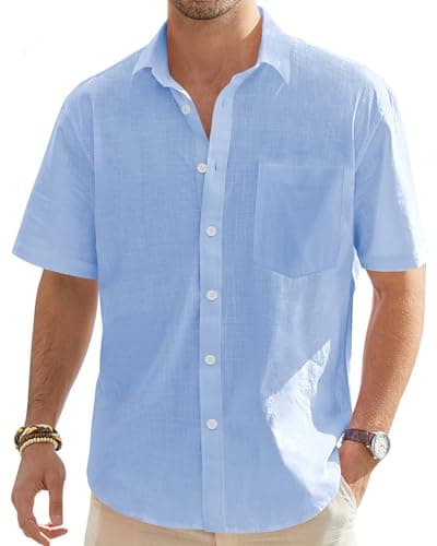 J.VER Men's Linen Shirts Casual Short Sleeve Button Down Shirt Fashion Summer Tops for Beach Vacation Wedding with Pocket Blue Medium - Image 1