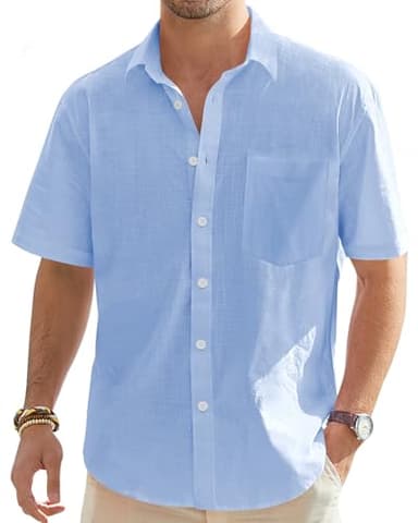 J.VER Men's Linen Shirts Casual Short Sleeve Button Down Shirt Fashion Summer Tops for Beach Vacation Wedding with Pocket Blue Medium - Image 1