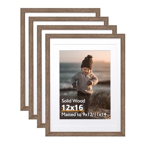 KINLINK 12x16 Picture Frame Rustic brown, Solid Wood Frames with Acrylic Plexiglass for Pictures 11x14/9x12 with Mat or 12x16 without Mat,Wall Display Photo Frame, Set of 4 - Image 1