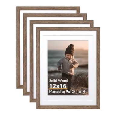 KINLINK 12x16 Picture Frame Rustic brown, Solid Wood Frames with Acrylic Plexiglass for Pictures 11x14/9x12 with Mat or 12x16 without Mat,Wall Display Photo Frame, Set of 4 - Image 1