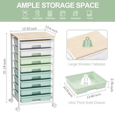 Rolling Storage Utility Cart Organizers with 8 Drawers and Wooden Tabletop for Living Room,Office,Classroom,Craft Room,Bedroom,Dorm,Green - Image 2