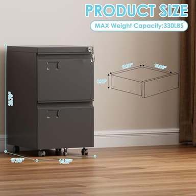 Aobabo 2 Drawer File Cabinet with Wheels, Lockable Metal Filing Cabinet with Business Card Slot for Legal/Letter Size Home Office, Required Assembled,Black - Image 3
