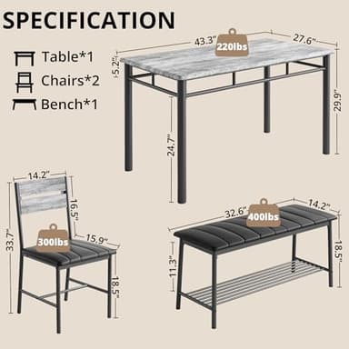 IRONCK Dining Table Set for 4, Kitchen Table with Upholstered Bench and 2 Chairs, Kitchen Table and Chairs Set for Small Space, Apartment, Gray - Image 2