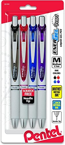 Pentel EnerGel Pearl RTX Retractable Liquid Gel Pen, (0.7mm), Medium Line, Needle Tip, Assorted Ink Colors, Pack of 4 (BLN77WBP4M) - Image 1