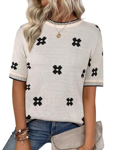 Zeagoo Sweater for Women Floral Print Summer Short Sleeve Shirts Pink Tunic Tops Color Block Comfy Loose Tops Going Out Blouses - Image 1