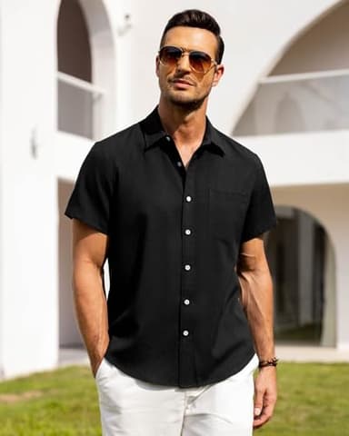 Alimens & Gentle Mens Linen Shirts Short Sleeve Button Down Shirts Wrinkle Free Casual Vacation Beach Summer Tops,Black,XL - Image 3
