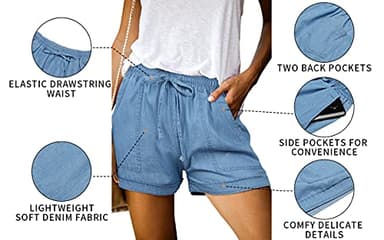 ONLYSHE Womens Ladies Frayed Raw Hem Tencel Drawstring Casual Elastic Waist Denim Jean Shorts for Girl with Pockets Blue-M - Image 5