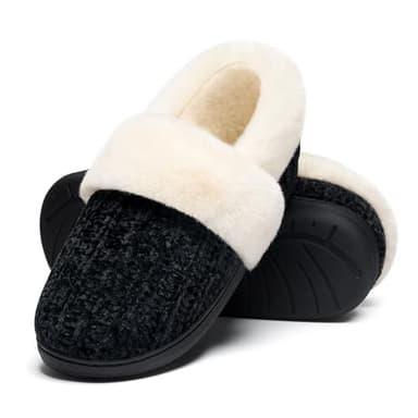 Evshine Women's Fuzzy Memory Foam Slippers, Closed Back Knit Bedroom Slippers, Slip-On Warm House Shoes for Indoor & Outdoor Comfort, Black/White, 44-45 (Size 11.5-12) - Image 1