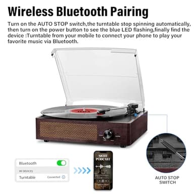 Vinyl Record Player Turntable with Built-in Bluetooth Receiver & 2 Stereo Speakers, 3 Speed 3 Size Portable Retro Record Player for Entertainment and Home Decoration - Image 3
