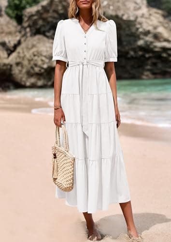 PRETTYGARDEN Summer Dresses for Women 2025 Elegant Classy Short Sleeve V Neck Ruffle A Line Belted Long Beach Vacation Dress (White,Small) - Image 3