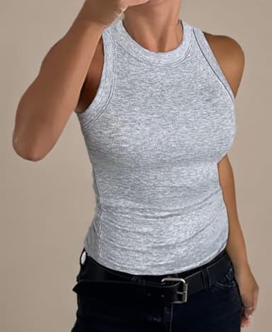 GEMBERA Womens Sleeveless Racerback High Neck Basic Ribbed Knit Fitted Tank Top Heather Grey S - Image 7