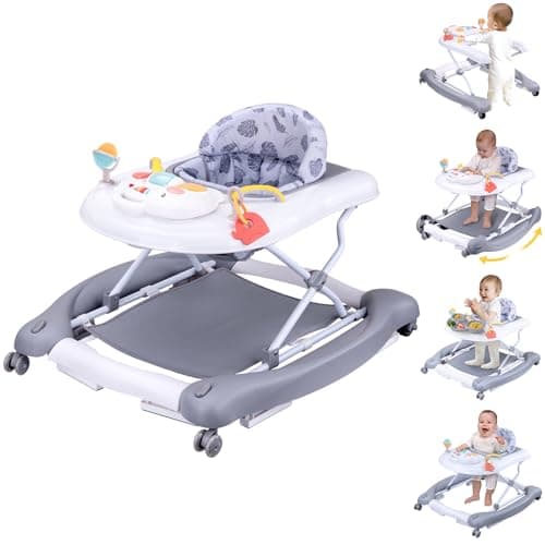 5 in 1 Foldable Baby Walker, Activity Baby Walker-Baby Bouncer, Rocker, Activity Center,Seat and Push Walker,Detachable Trampoline Mat, Adjustable Speed Rear Wheels and Height,Ages 6-18 Months(Grey) - Image 1