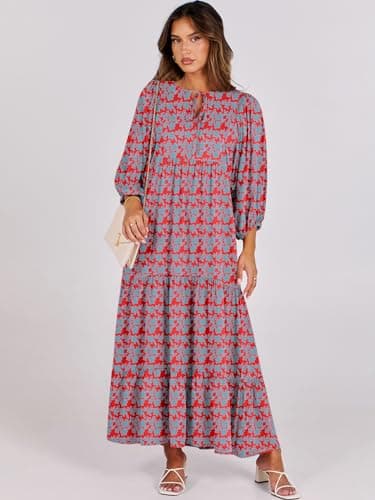 ANRABESS Womens Boho Maxi Dresses 2025 Summer V Neck Puff Sleeve Floral Flowy Swing Fall Casual Long Dress Red Blue Small - Image 6