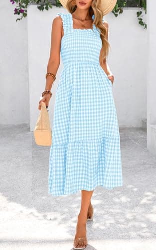 PRETTYGARDEN Women's Summer Dress Casual Square Neck Ruffle Strap Gingham Smocked Midi Flowy A Line Beach Vacation Sun Dresses 2025 (Light Blue, S) - Image 7