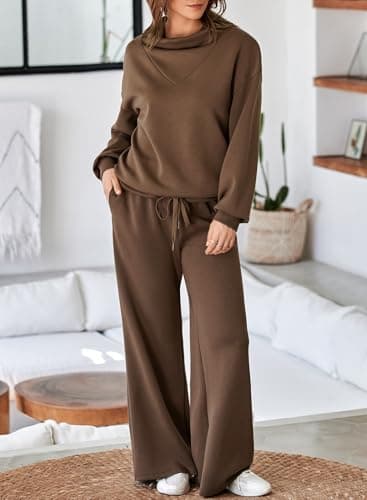 Aleumdr Womens 2 Piece Outfits Sweatsuit Set 2025 Fall Drawstring Sweatshirt Wide Leg Sweatpant Lounge Set Tracksuit Brown Large - Image 2