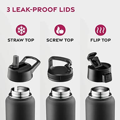 FineDine 25 Oz Insulated Water Bottle with Straw - Triple Walled Stainless Steel Metal Bottle W/ 3 Leak Proof Lids - For Travel, School, Sports, Gym/Men, Women & Kids - Inky Raven Black - Image 4