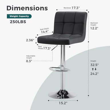 SMUG Bar Stools Set of 4, PU Leather Adjustable Swivel Barstools with Back, Armless Hydraulic Kitchen Counter Height Bar Stools, Thickened Seat Cushion Square Island Barstools - Image 3