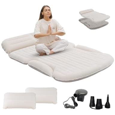 KMZ SUV Air Mattress Thickened and Double-Sided Flocking Travel Camping Bed with 2 Pillows & Electric Pump Dedicated Mobile Cushion Inflatable Bed for SUV Trunk and Rear Seat (Beige and Coffee) - Image 2
