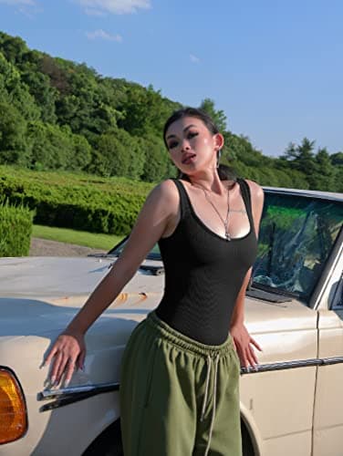 OQQ Women's 3 Piece Bodysuits Sexy Ribbed Sleeveless Square Neck Tank Tops Leotard 2025 Trendy Outfits Black Coffee Beige - Image 3