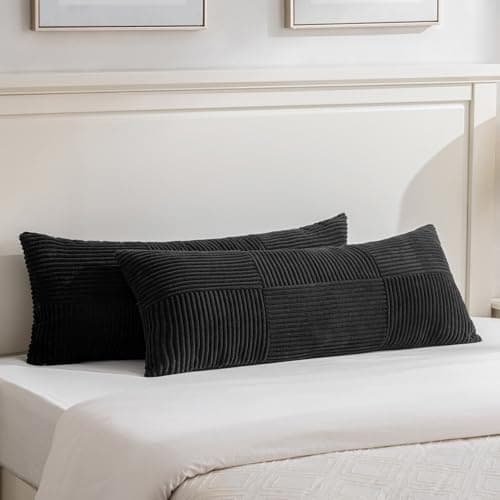 Fancy Homi Set of 2 Black Boho Long Lumbar Body Decorative Throw Pillow Cover 14x36 Inch for Bed Couch Bedroom Bench, Soft Patchwork Corduroy Textured Pillow Case, Rustic Farmhouse Room Décor - Image 1