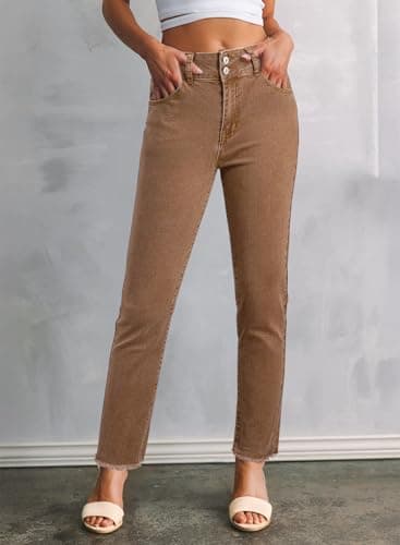 Sidefeel Women's Brown Jeans High Waisted Tummy Control Strechy Straight Leg Denim Summer Pants Size 8 - Image 3