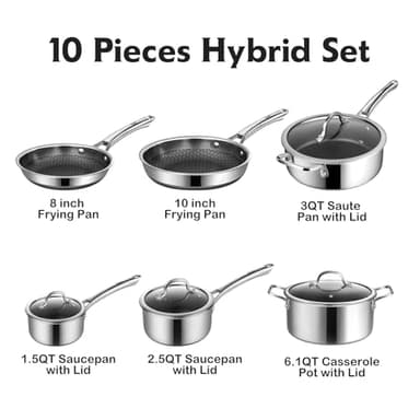 SNOWCLAD Pots and Pans Set Non Stick, 10 Pcs Hybrid Stainless Steel Cookware Sets, Non Stick Frying Pans, Saucepans, Saute Pan & Stock Pot, PFOA Free Kitchen Skillet,Induction Compatible - Image 5