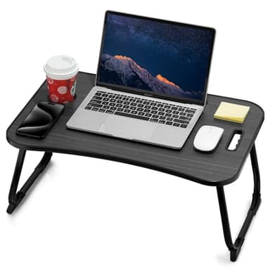 ZEAPTAC Laptop Bed Desk, Foldable Lap Table, Portable Study Table, Laptop Stand with Cup Holder & Tablet Slot & Lifting Handle for Working Writing Drawing & Eating - Black - Image 1