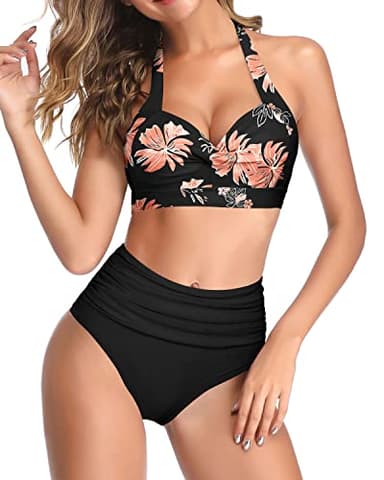 Tempt Me Women's Vintage Swimsuits Floral Black Retro Halter Ruched High Waist Bikini with Bottom L - Image 2