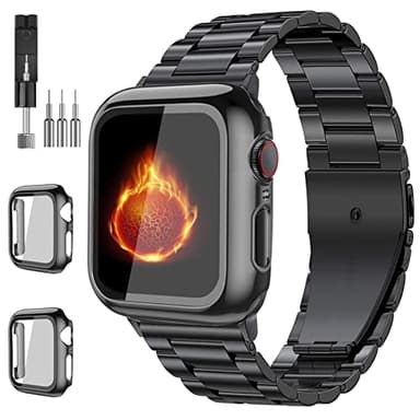 Bekomo Compatible with Apple Watch Band 49mm 44mm 45mm 42mm 40mm 38mm 41mm, Stainless Steel Metal XL large iWatch Bands with 2 Pack Tempered Glass Screen Case for Series Ultra 87654321SE for - Image 1