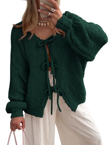 PRETTYGARDEN Women's Tie Front Bow Cardigan Sweaters Chunky Knit Long Puff Sleeve Trendy Fall Winter Jacket Coats (Dark Green,Medium) - Image 1