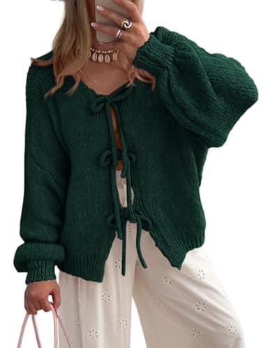 PRETTYGARDEN Women's Tie Front Bow Cardigan Sweaters Chunky Knit Long Puff Sleeve Trendy Fall Winter Jacket Coats (Dark Green,Medium) - Image 1